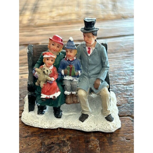 Saint Nicholas Square Christmas Village Figurine Family On Bench Winter Scene - Picture 1 of 8